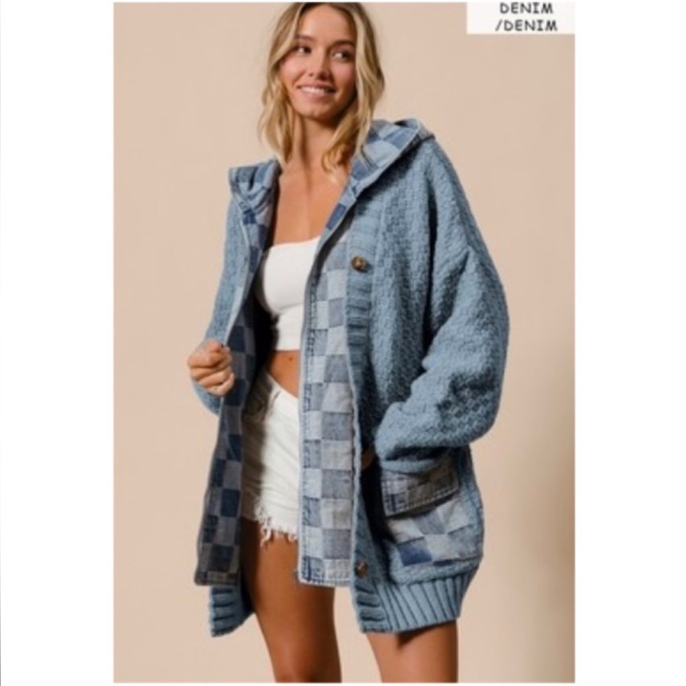 COZY BLUE DENIM MIXED FABRIC KNIT OVERSIZED  SIZE S CARDIGAN JACKET SHAC…